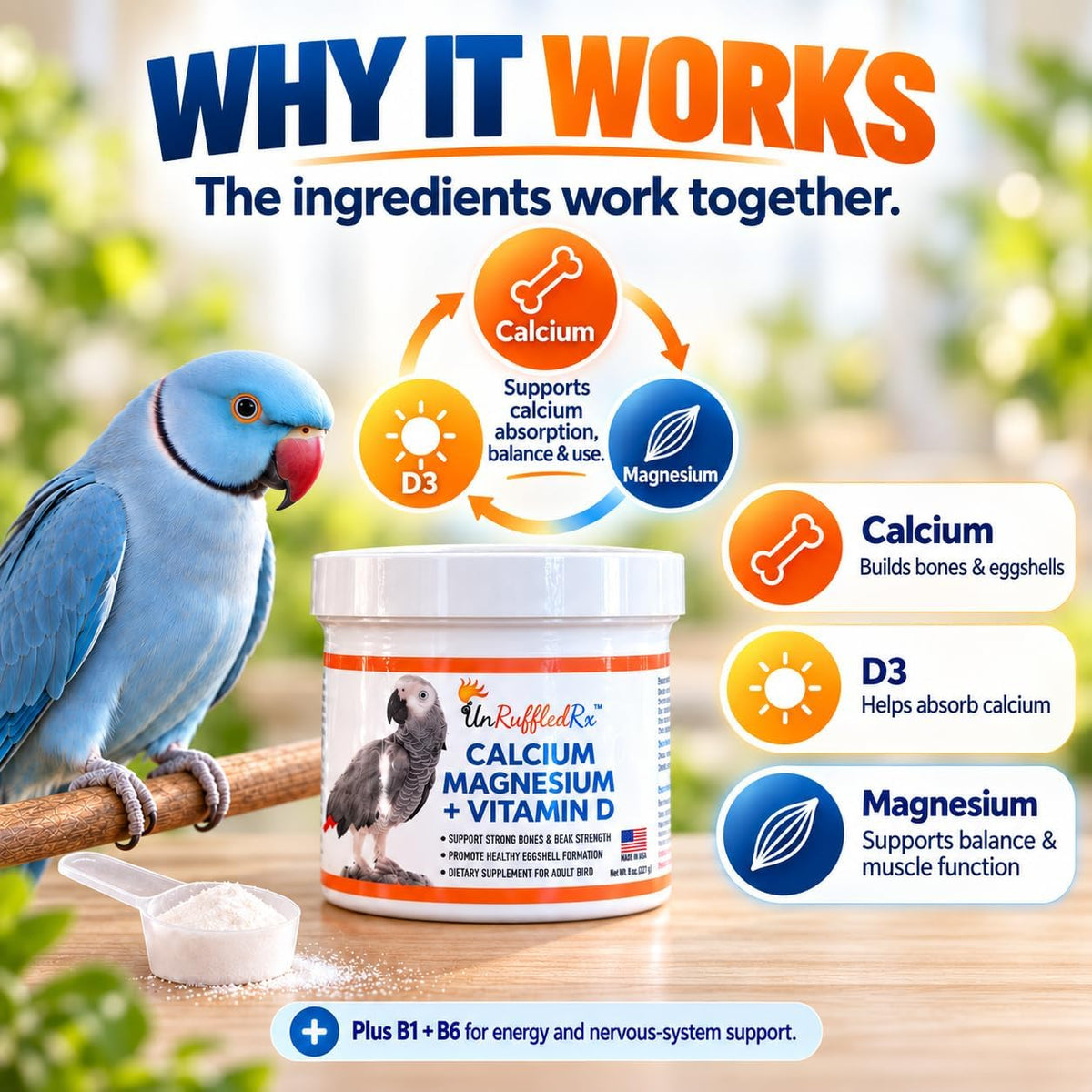 UnRuffledRx(TM) Bird Calcium Plus with Magnesium and D3, Dissolves Clear and Tasteless in Water, Supports Bone, Muscle, Feather and Egg Health, 45 Servings, Made in FDA-Registered USA Facility - Image 4