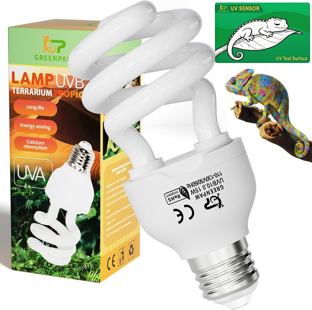 Lucky Herp 15W UVB Reptile Light 5.0 front view showing the compact fluorescent spiral bulb design.