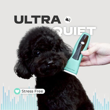 Rechargeable dog and cat grooming clipper close up focusing on the single power button interface.