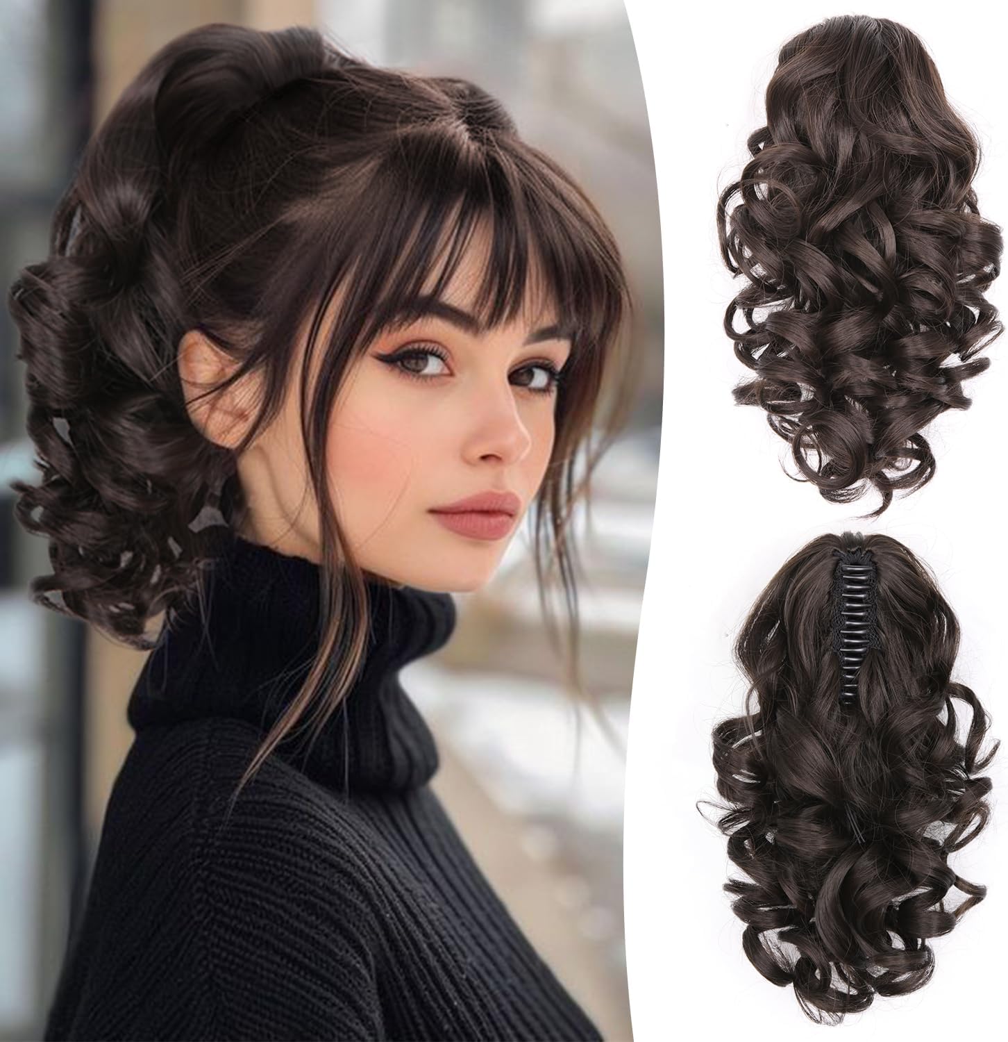 ZQIAN BEAUTY claw clip ponytail extension front view showing dark brown curly texture