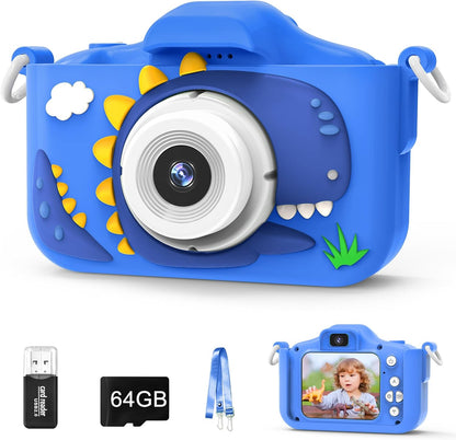 XBENDON kids digital camera front view showing the blue dinosaur shockproof silicone case and lens