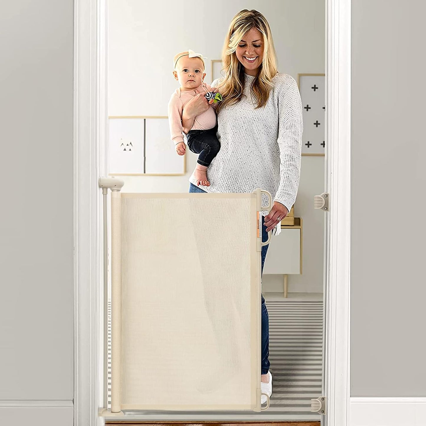 Momcozy Retractable Baby Gate front view installed in a modern home doorway