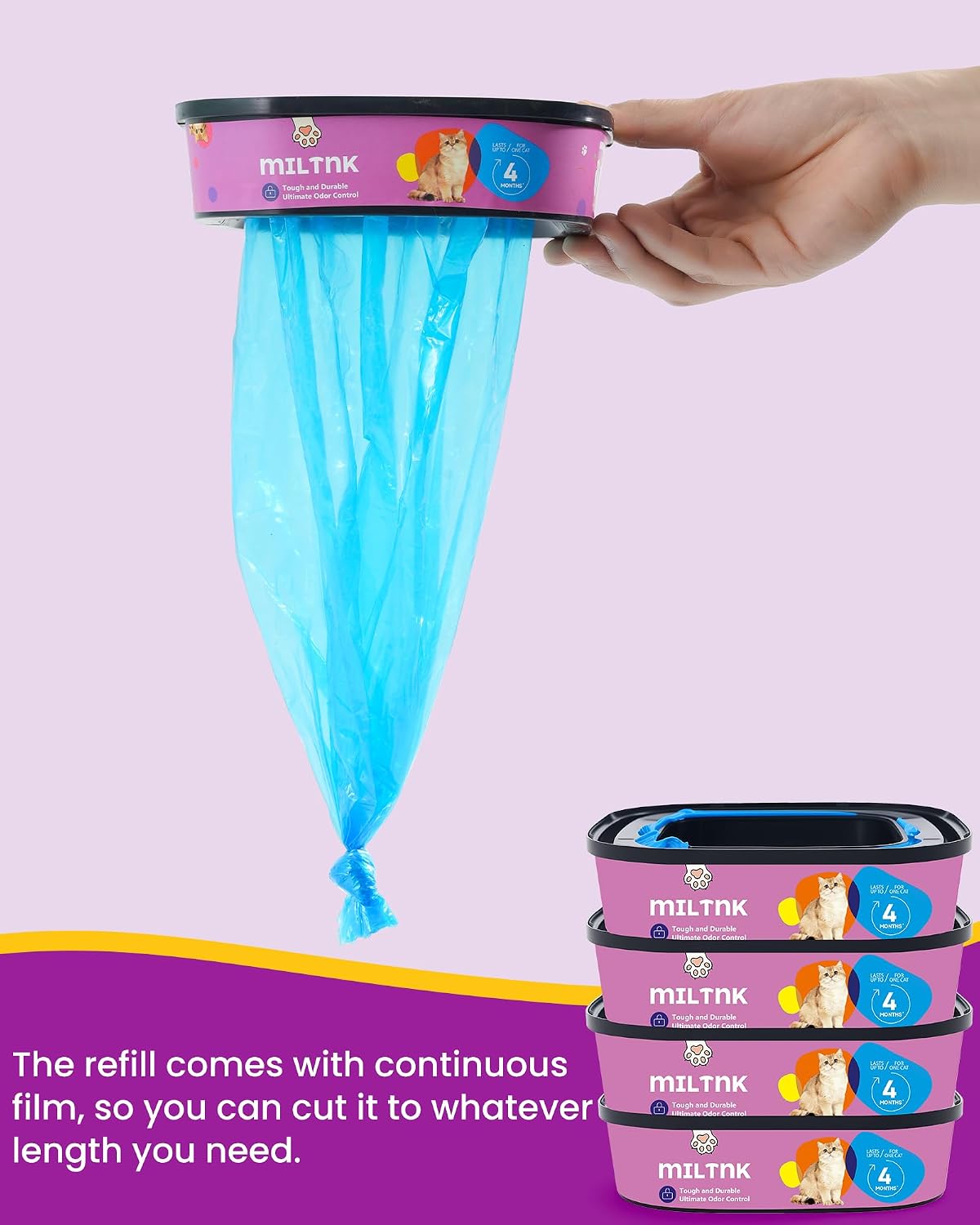 Side view of the ninety two total feet MILTNK cat litter cartridge pack.