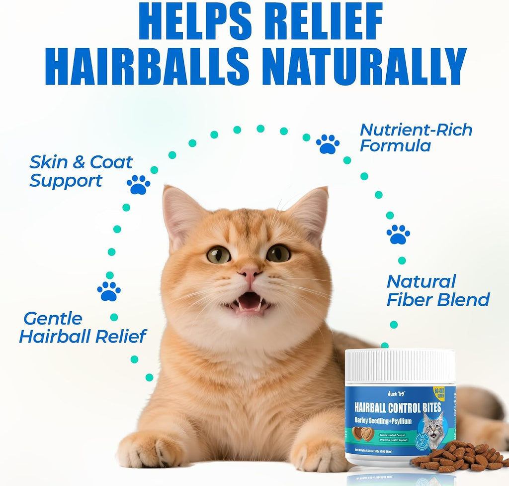 Back label of Just Try feline hairball support treats with ingredient list and feeding guidelines