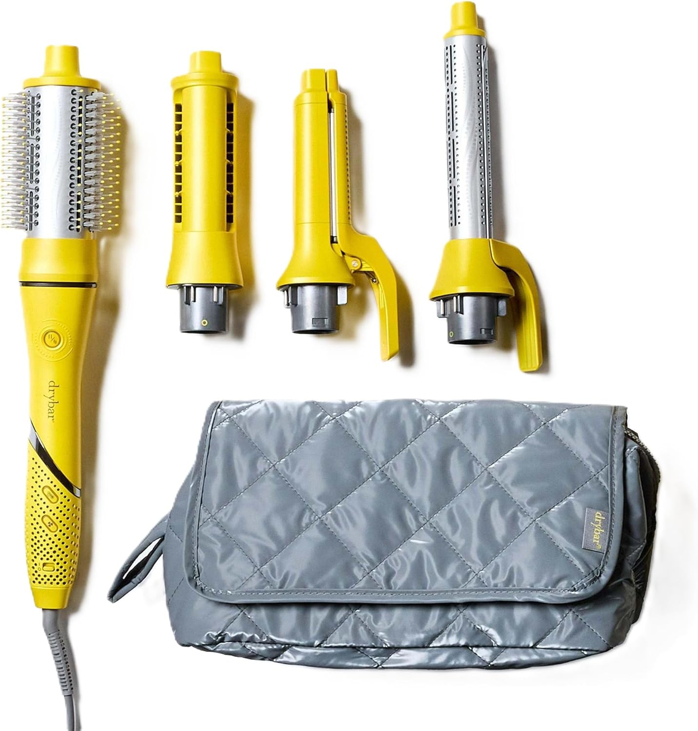 Drybar All-Inclusive Air and Active Heat 8-in-1 Multi-Styler front view showcasing the iconic yellow styling tool body.