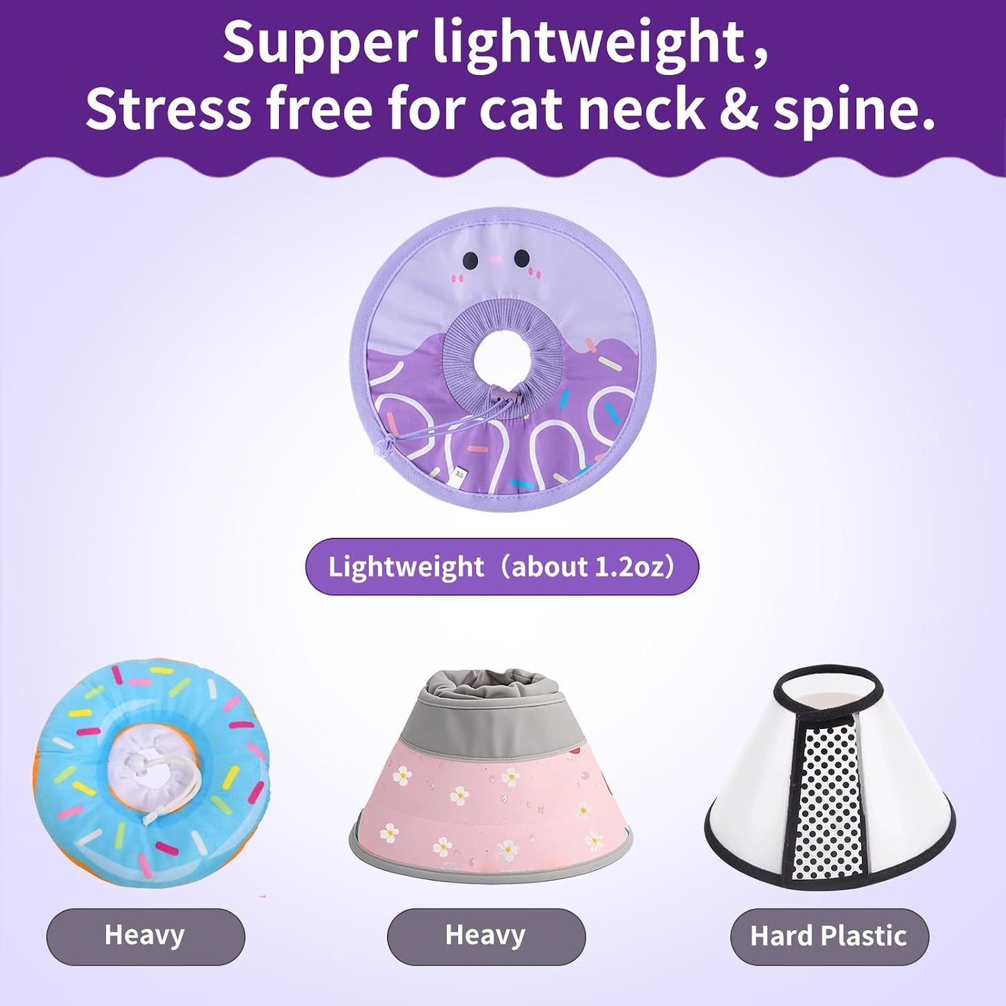 Adjustable fasteners on purple soft cat recovery collar