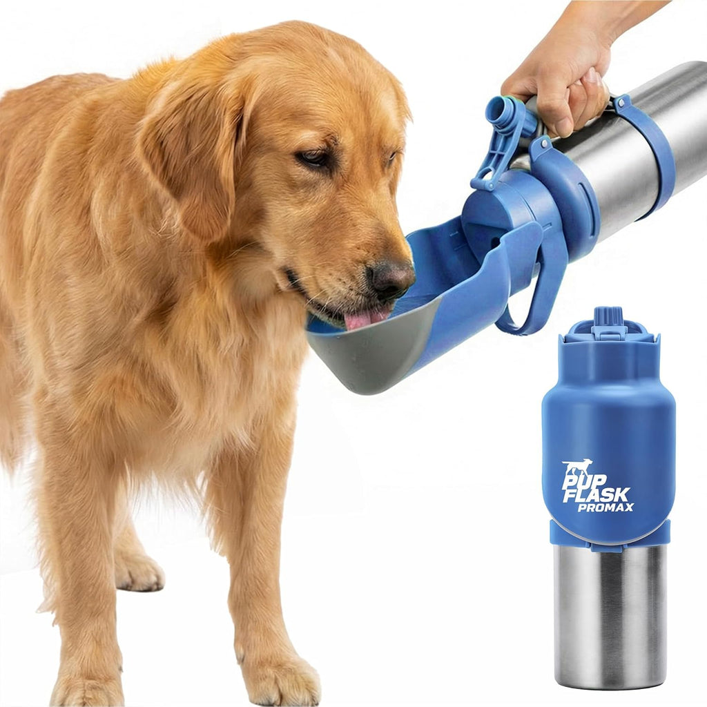 Tuff Pupper PupFlask Pro Dog Water Bottle front view showing blue integrated flip cup bowl