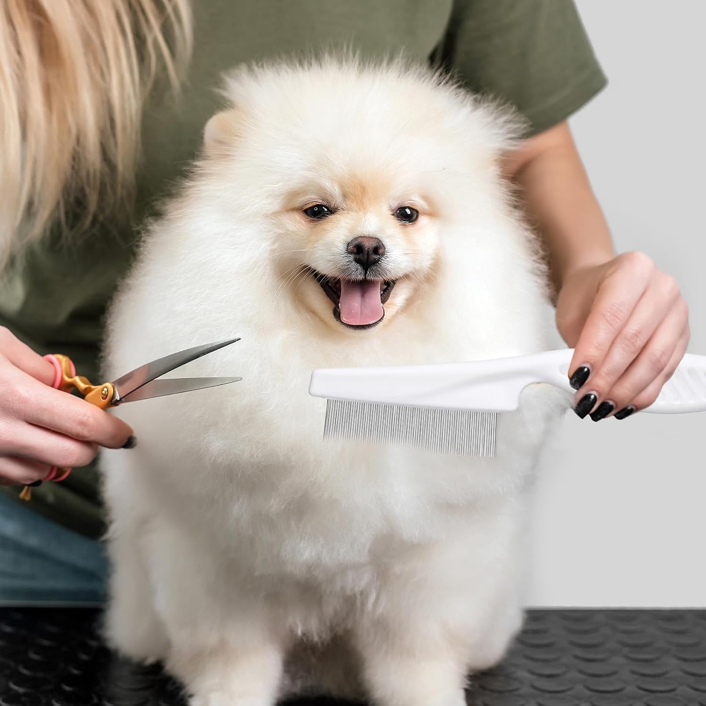 Stainless steel pet comb for cats and dogs highlighting the closely spaced teeth for nit removal