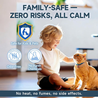 Odorless drug free cat relaxer kit containing two white wall diffusers and four monthly refills