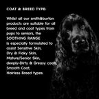 Smith & Burton premium pet grooming system bottles highlighting natural sensitive skin ingredients.