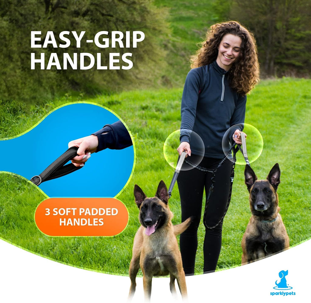 SparklyPets two dog leash shock absorbing bungee extensions adjusting from twenty one to twenty five inches