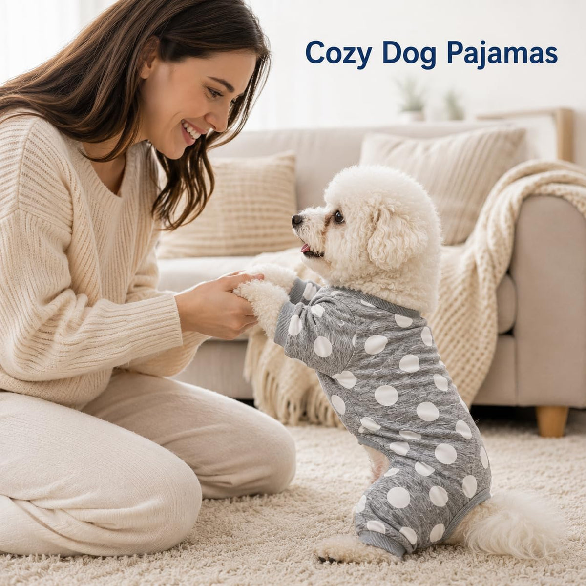 Dog lounging comfortably in Axxlern calming recovery suit