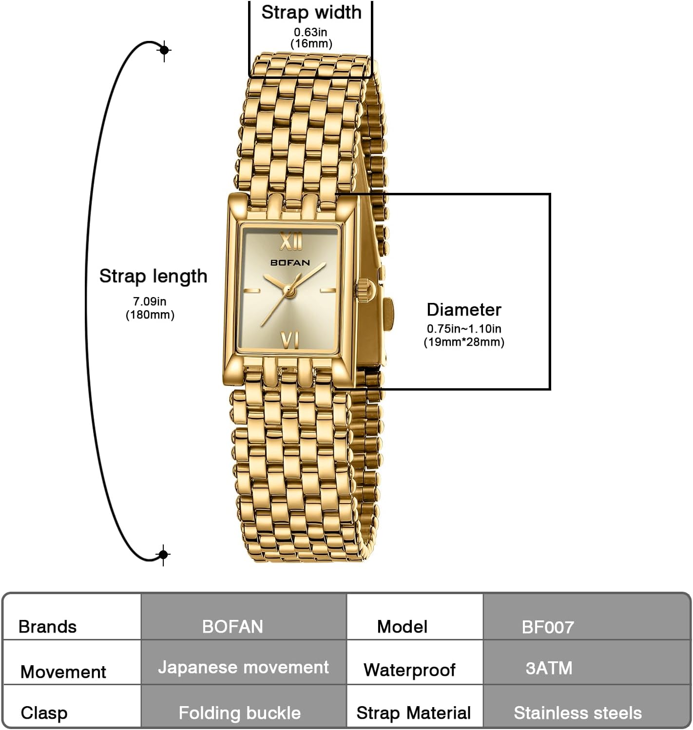 BOFAN rectangle face gold watch showing stainless steel link bracelet closure