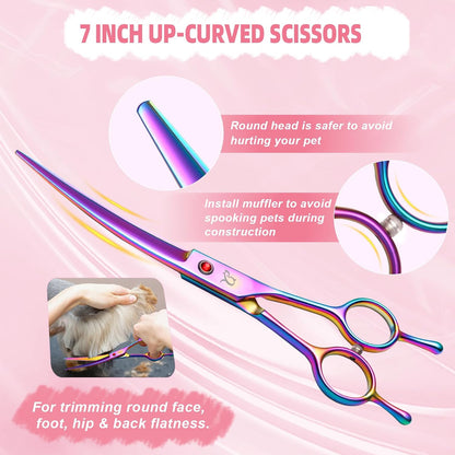 Nyutcwe colorful dog thinning and chunker shears being used to shape pet coat fur safely