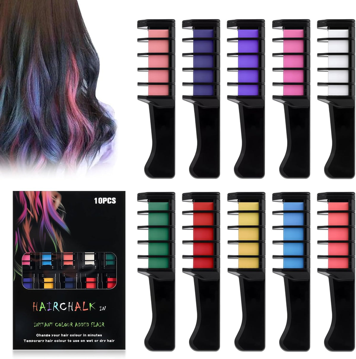 Generic 10 colors festive fun hair chalk combs set front view