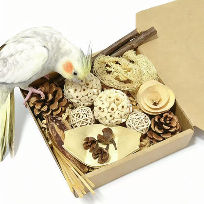 Hand assorted unique pet bird foraging textures for mental stimulation.