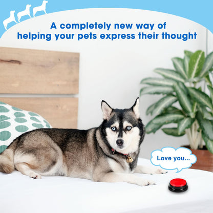Clear audio thirty second record and playback pet buzzer set on a wooden floor.