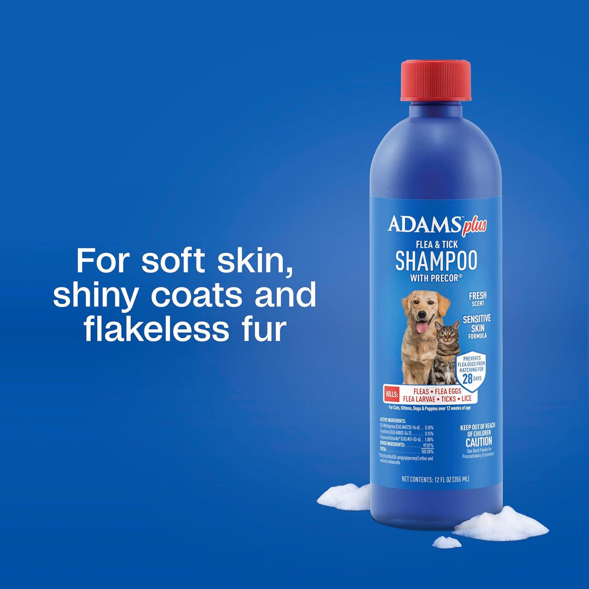 Adams flea and tick shampoo bottle beside pet grooming accessories