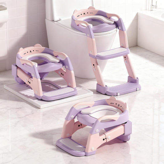 BBfancy 3 In 1 Potty Training Seat with ladder front view in purple and pink color.