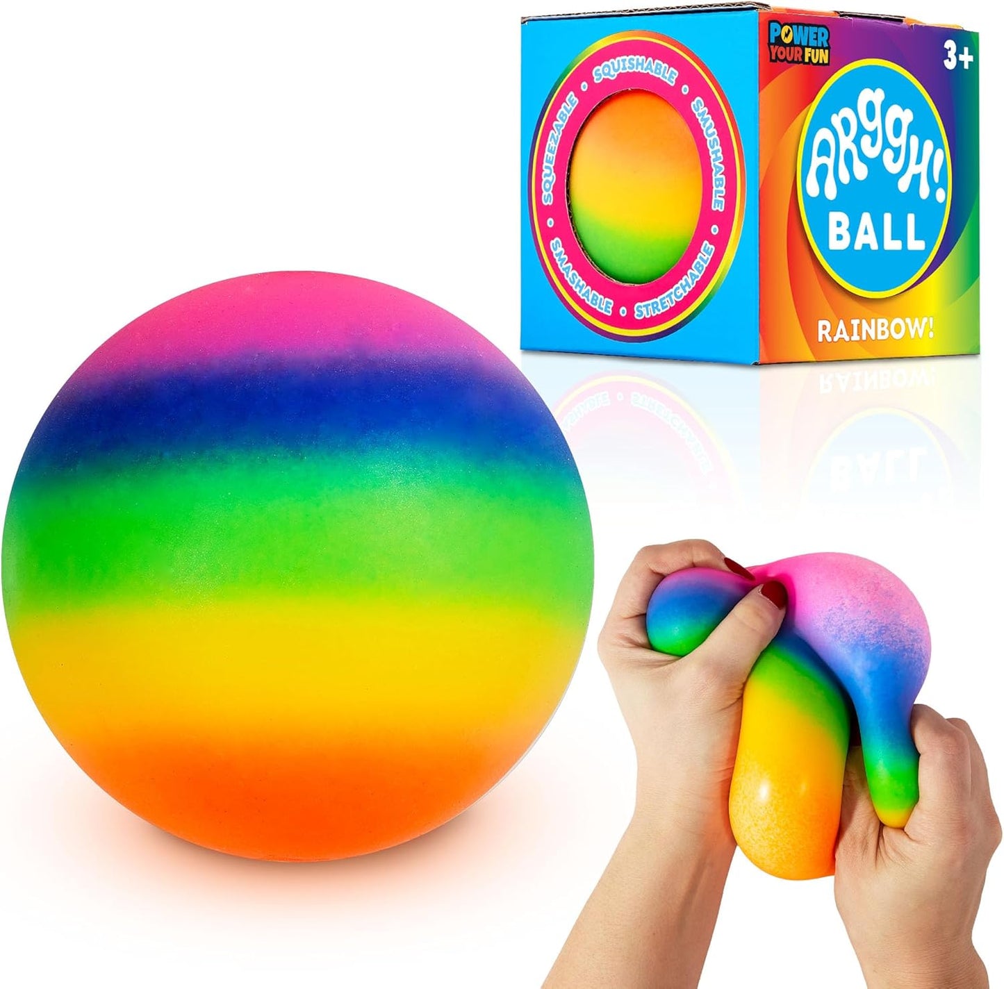 Power Your Fun Arggh Rainbow Giant Stress Ball front view showcasing vibrant multicolor design for anxiety relief.