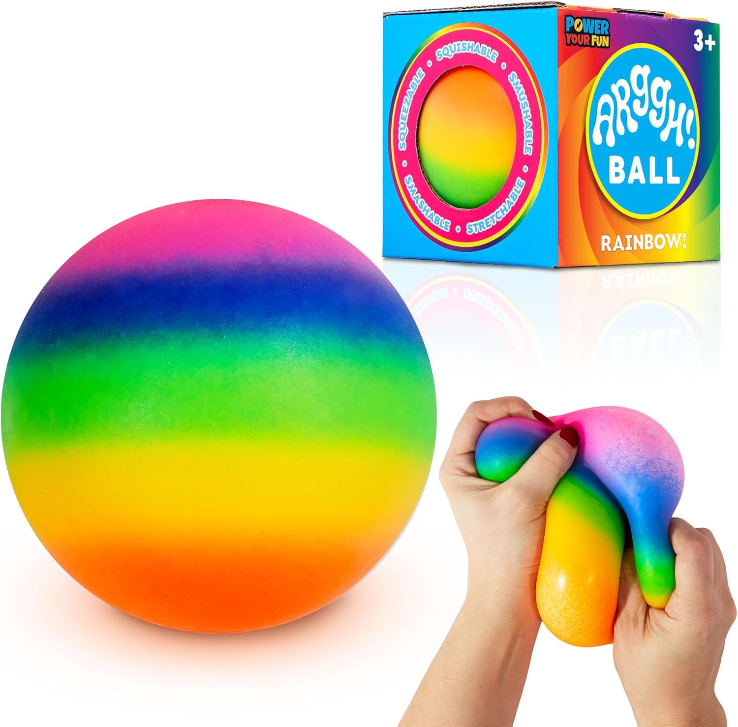 Power Your Fun Arggh Rainbow Giant Stress Ball front view showcasing vibrant multicolor design for anxiety relief.