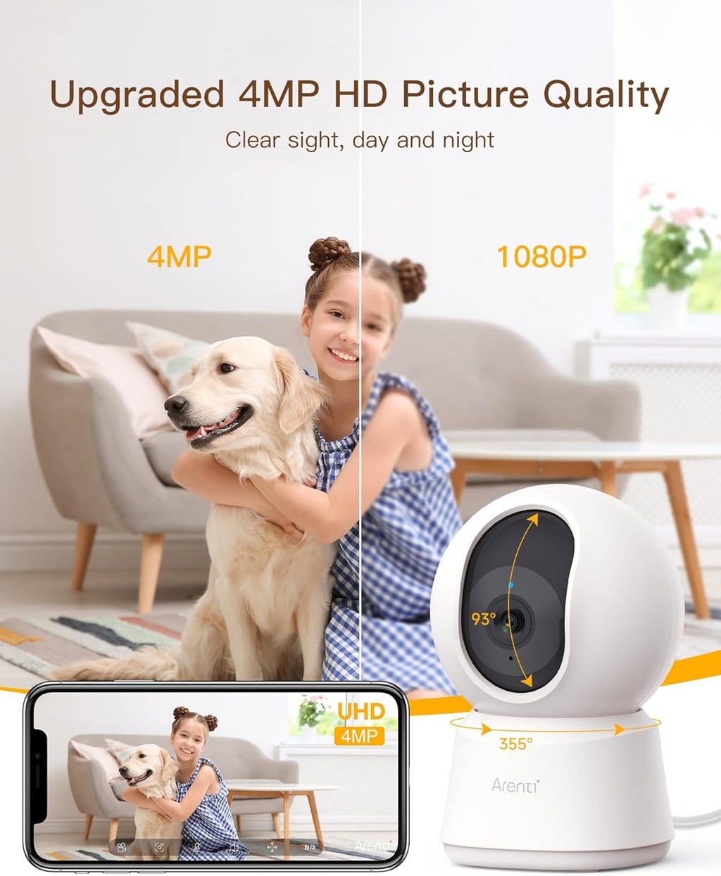 Arenti dual band WiFi camera showing compact setup on a living room shelf.
