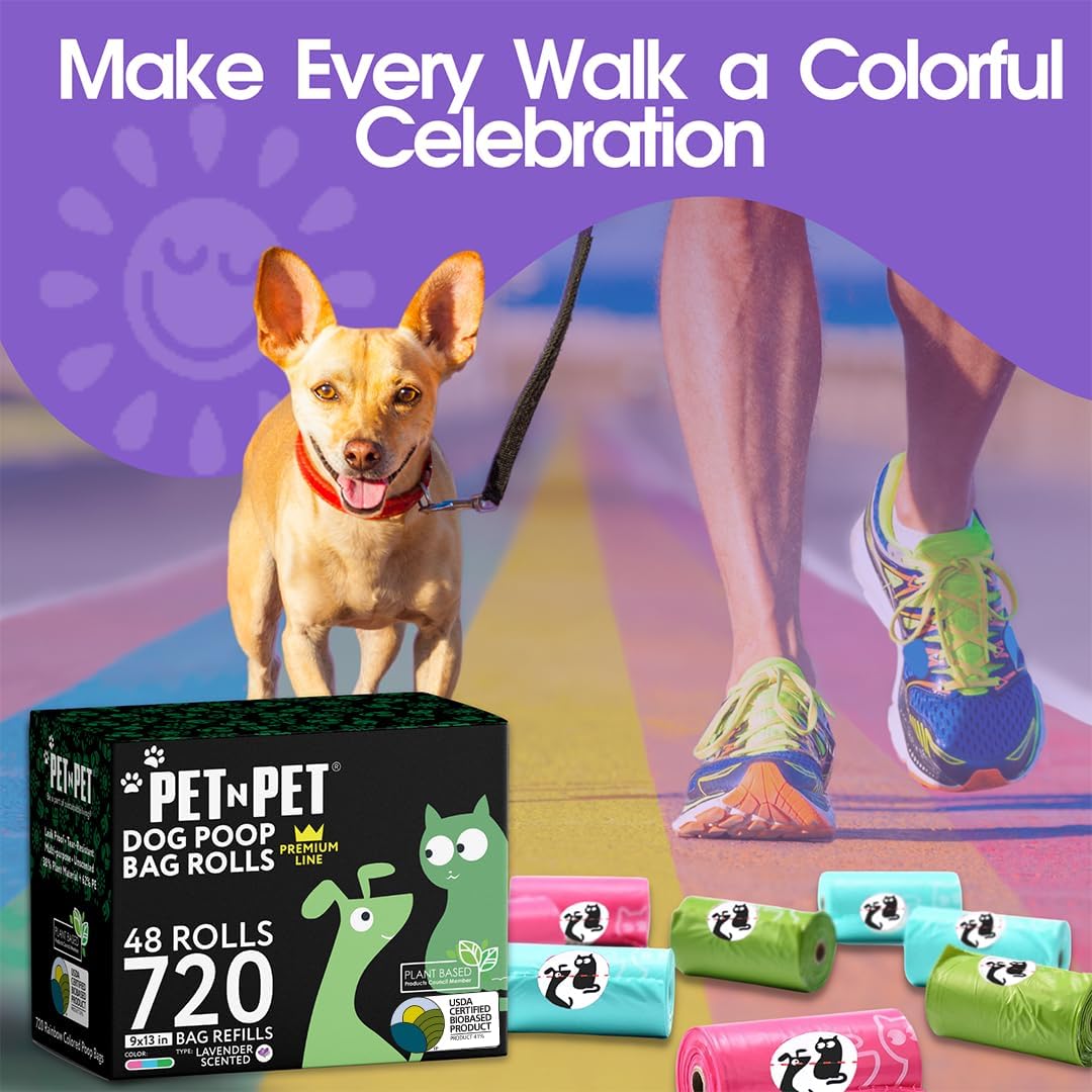 Rainbow colored pet waste bags with easy tie handles