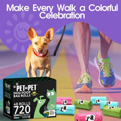 Rainbow colored pet waste bags with easy tie handles