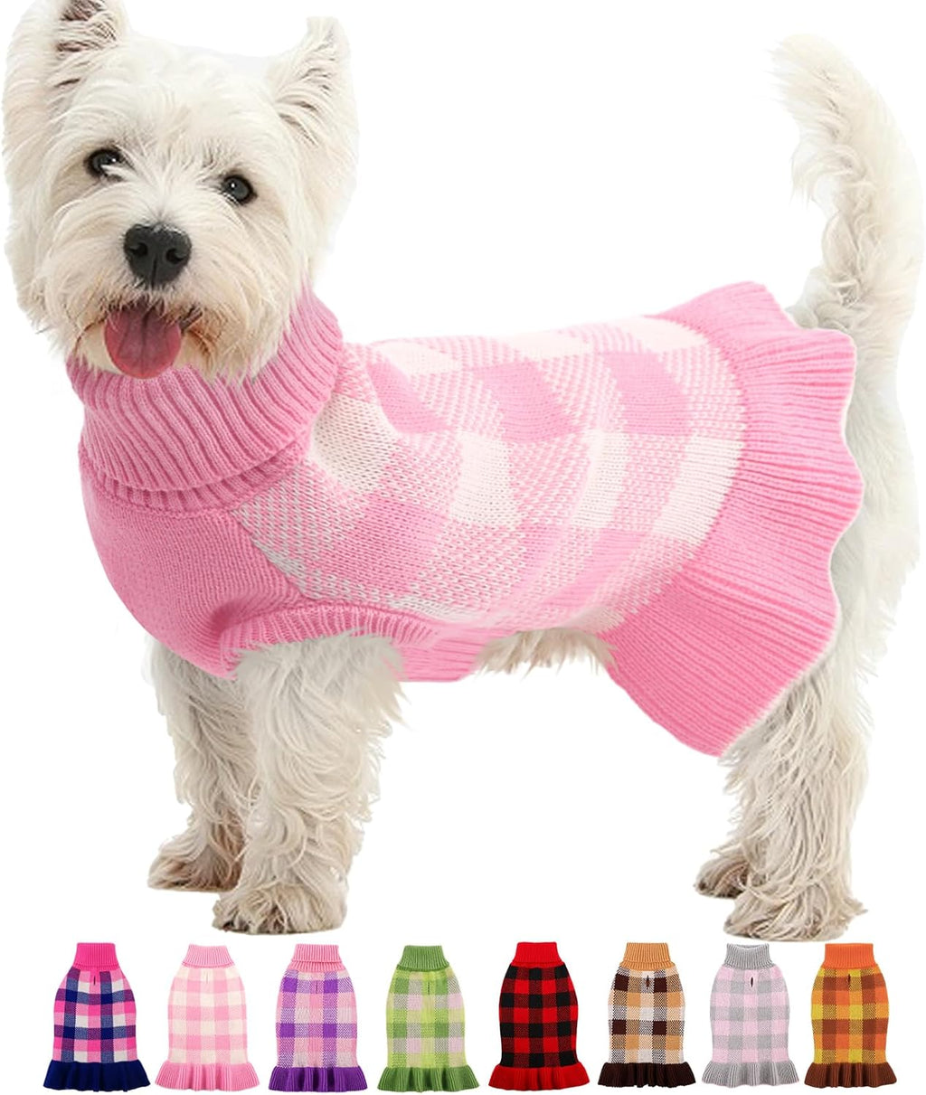 KOESON dog sweater dress pink plaid knitwear front view