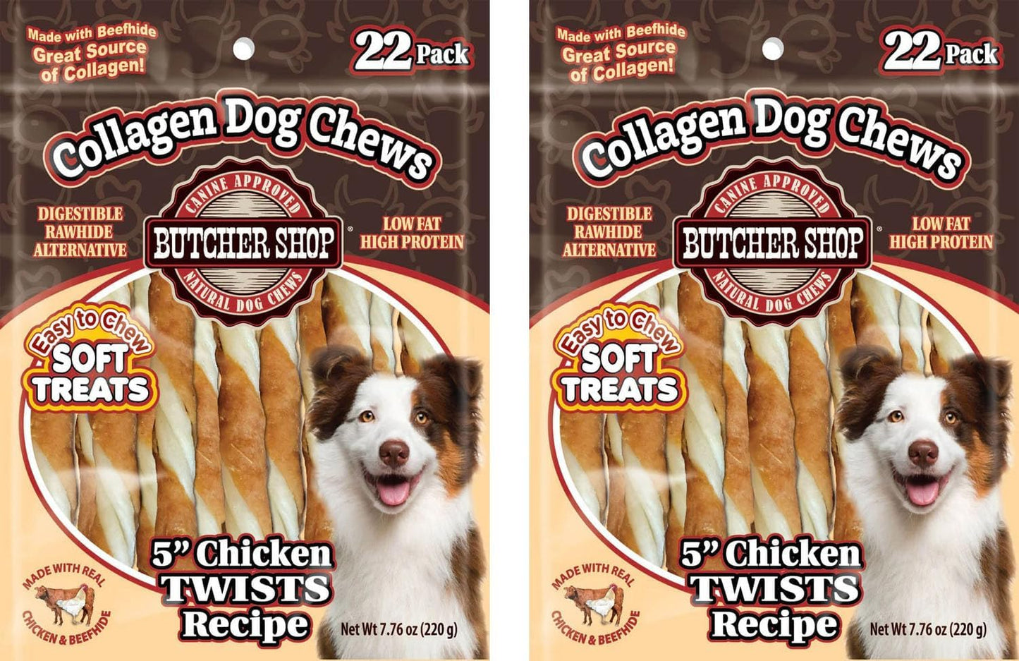 Authentic imported chicken and rawhide pet snacks packaging