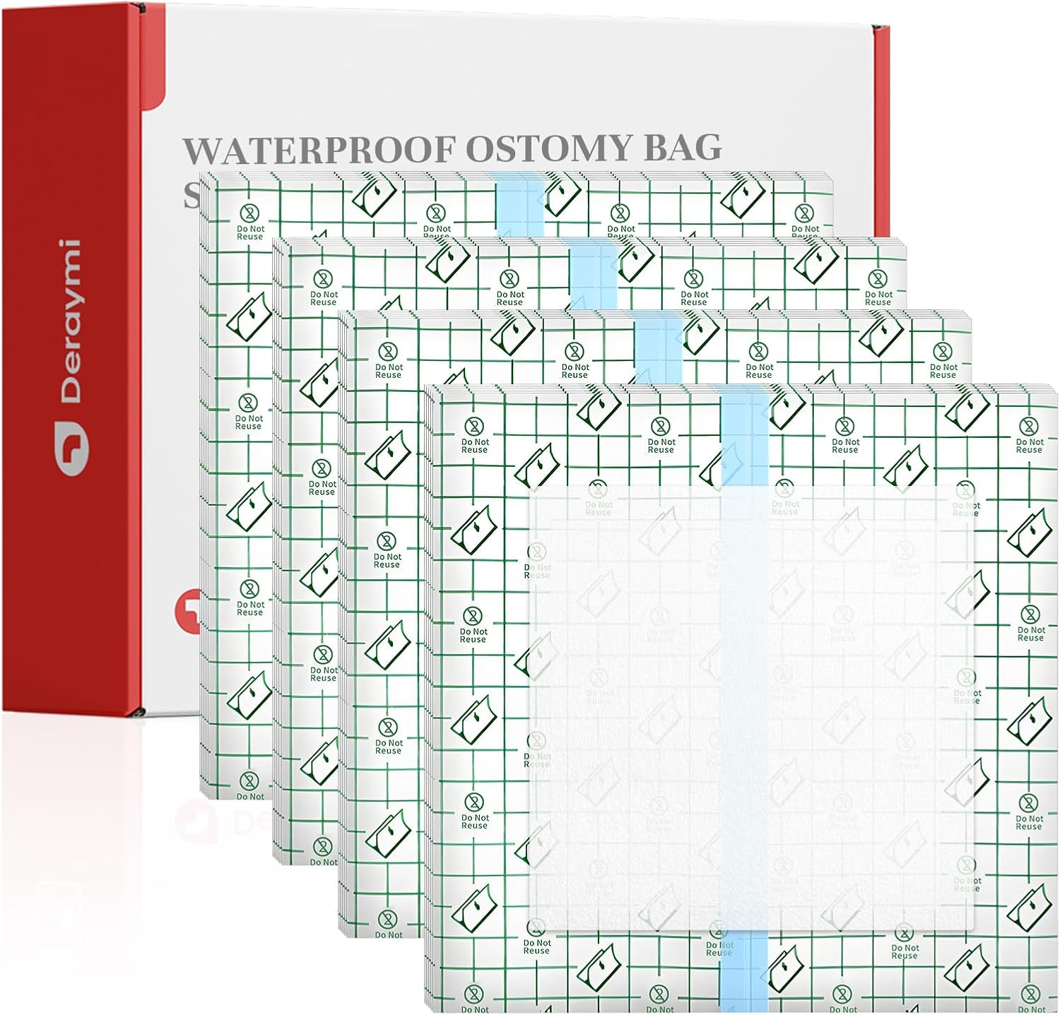 Deraymi Waterproof Ostomy Bag Shower Covers 50 pack front view packaging