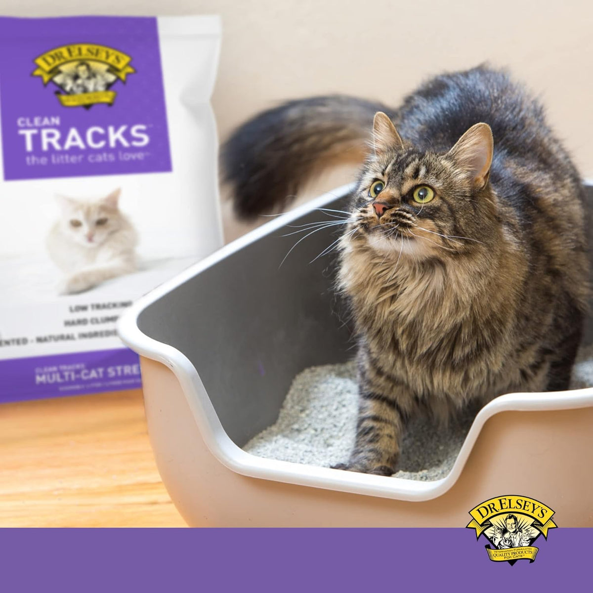 Dr. Elsey's Clean Tracks Clumping Clay Cat Litter low dust pouring illustration
