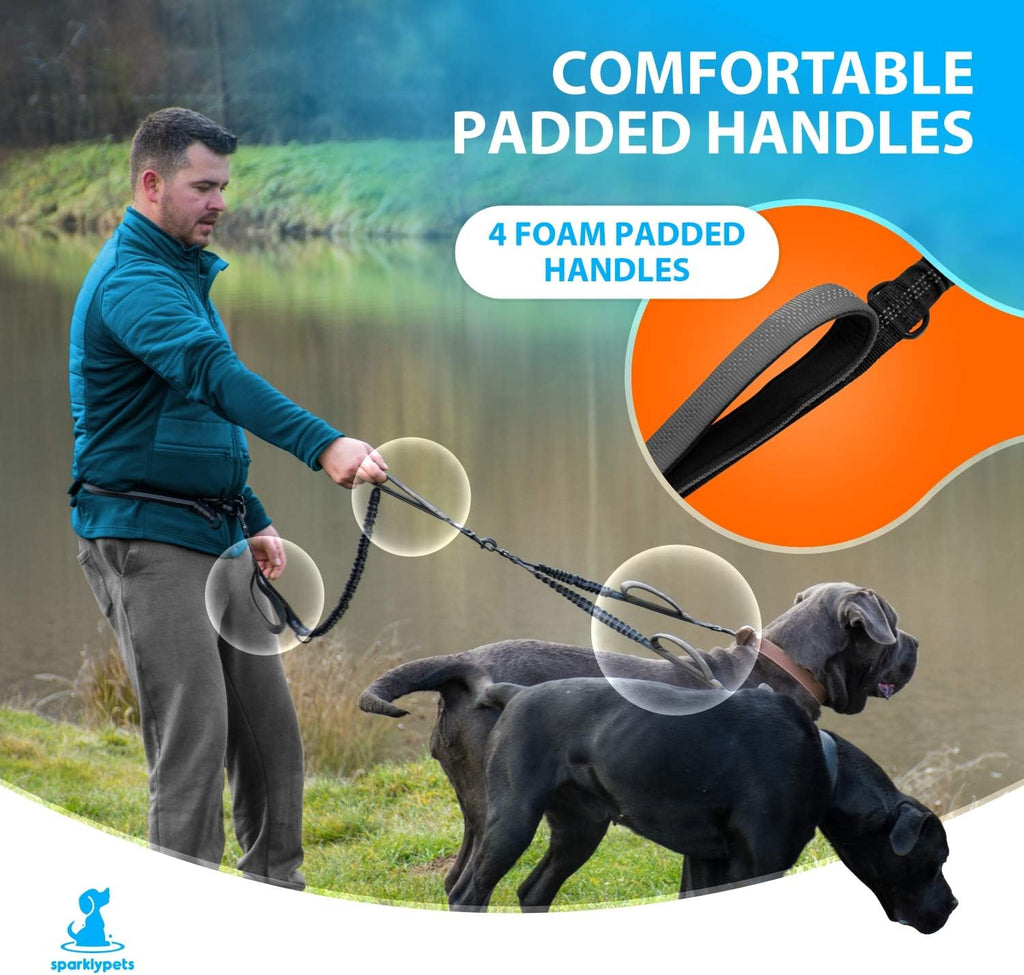 SparklyPets hands free running leash with four foam padded handles for control