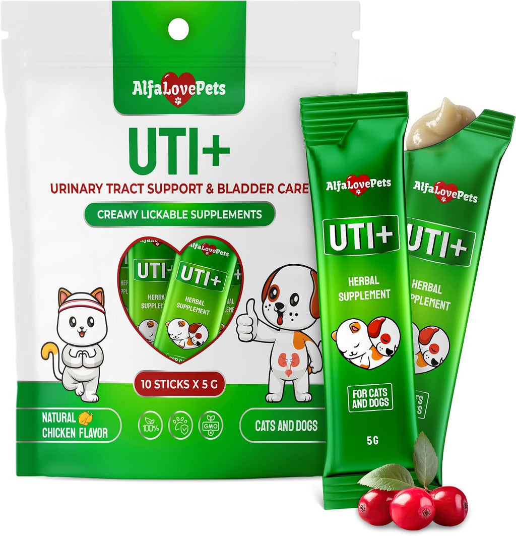 Alfa Love Pets UTI Plus Creamy Sticks front packaging showing 10 single serve pouches for dog and cat urinary care