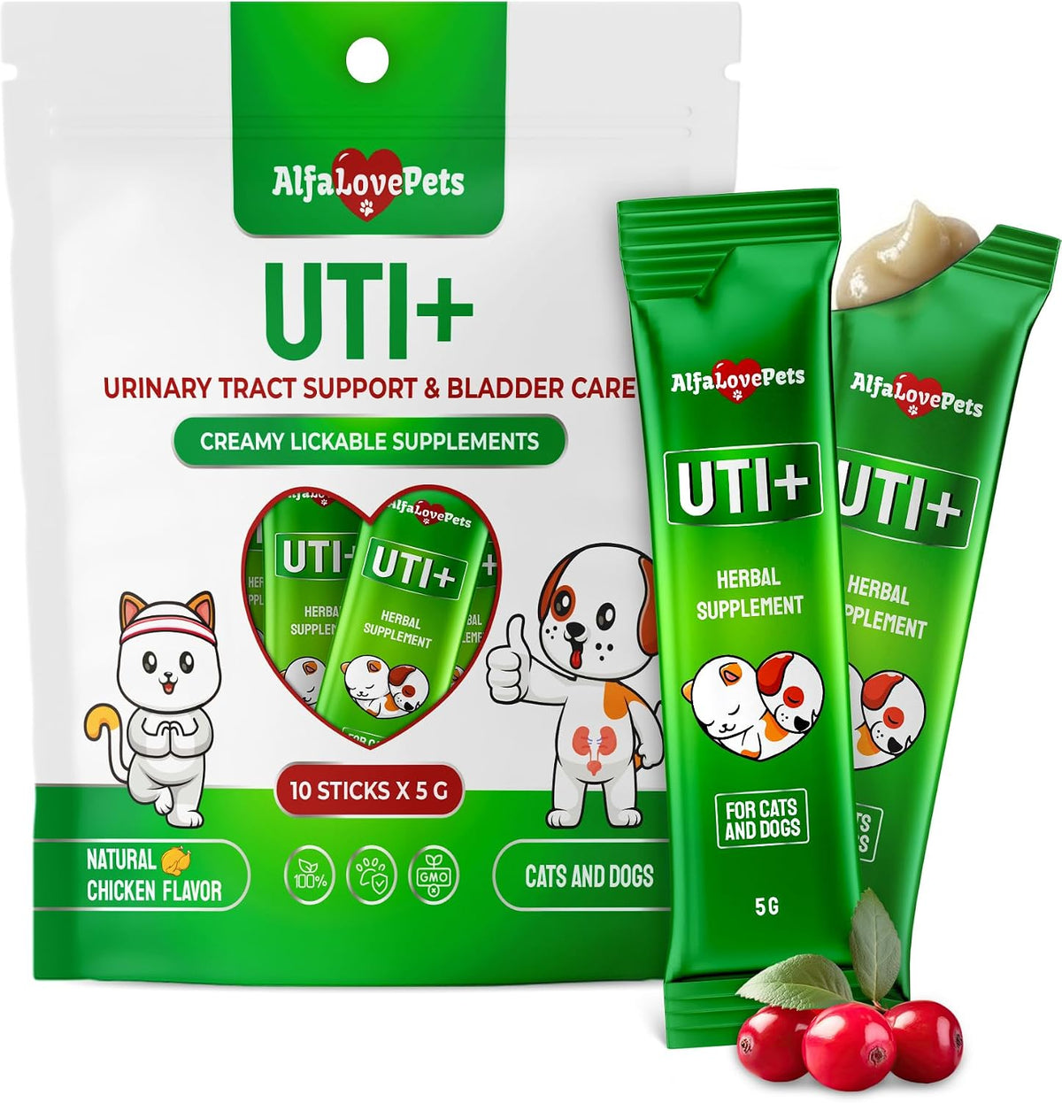 Alfa Love Pets UTI Plus Creamy Sticks front packaging showing 10 single serve pouches for dog and cat urinary care