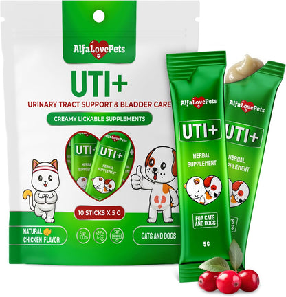 Alfa Love Pets UTI Plus Creamy Sticks front packaging showing 10 single serve pouches for dog and cat urinary care