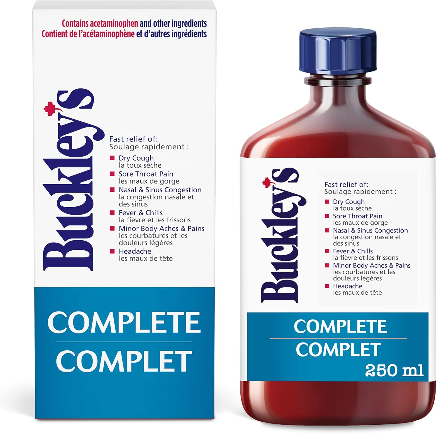 Buckley's Original Complete Cough Syrup 250 Milliliter bottle front view showcasing the iconic branding and symptom checklist.