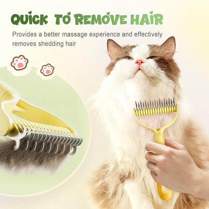 Pet owner using ergonomic blue grooming tool on dog