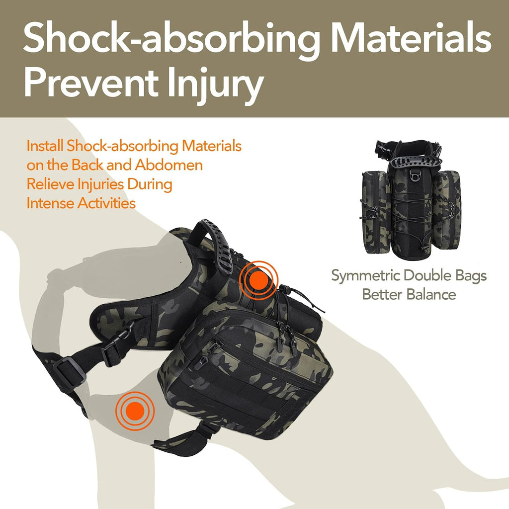 Waterproof and stain-resistant 1680D Oxford fabric detailing on the camouflage dog backpack