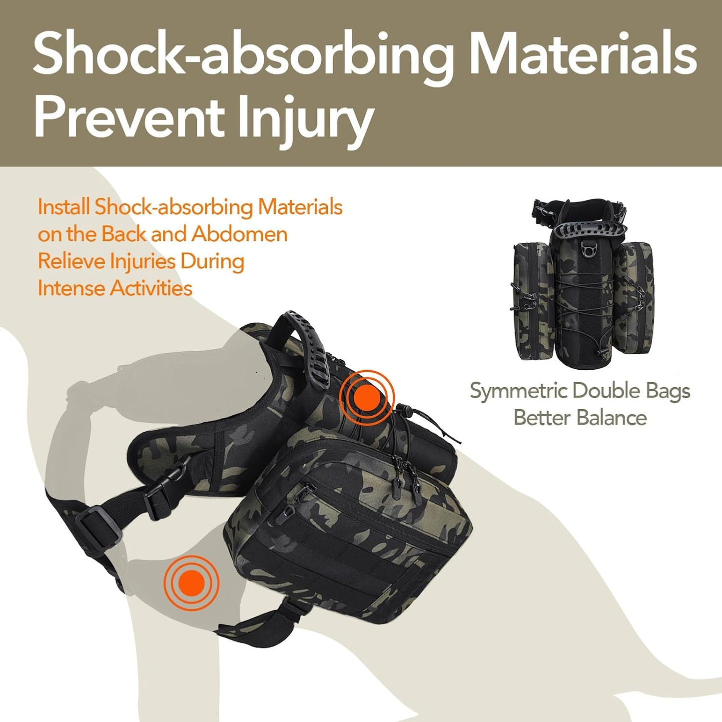 Waterproof and stain-resistant 1680D Oxford fabric detailing on the camouflage dog backpack