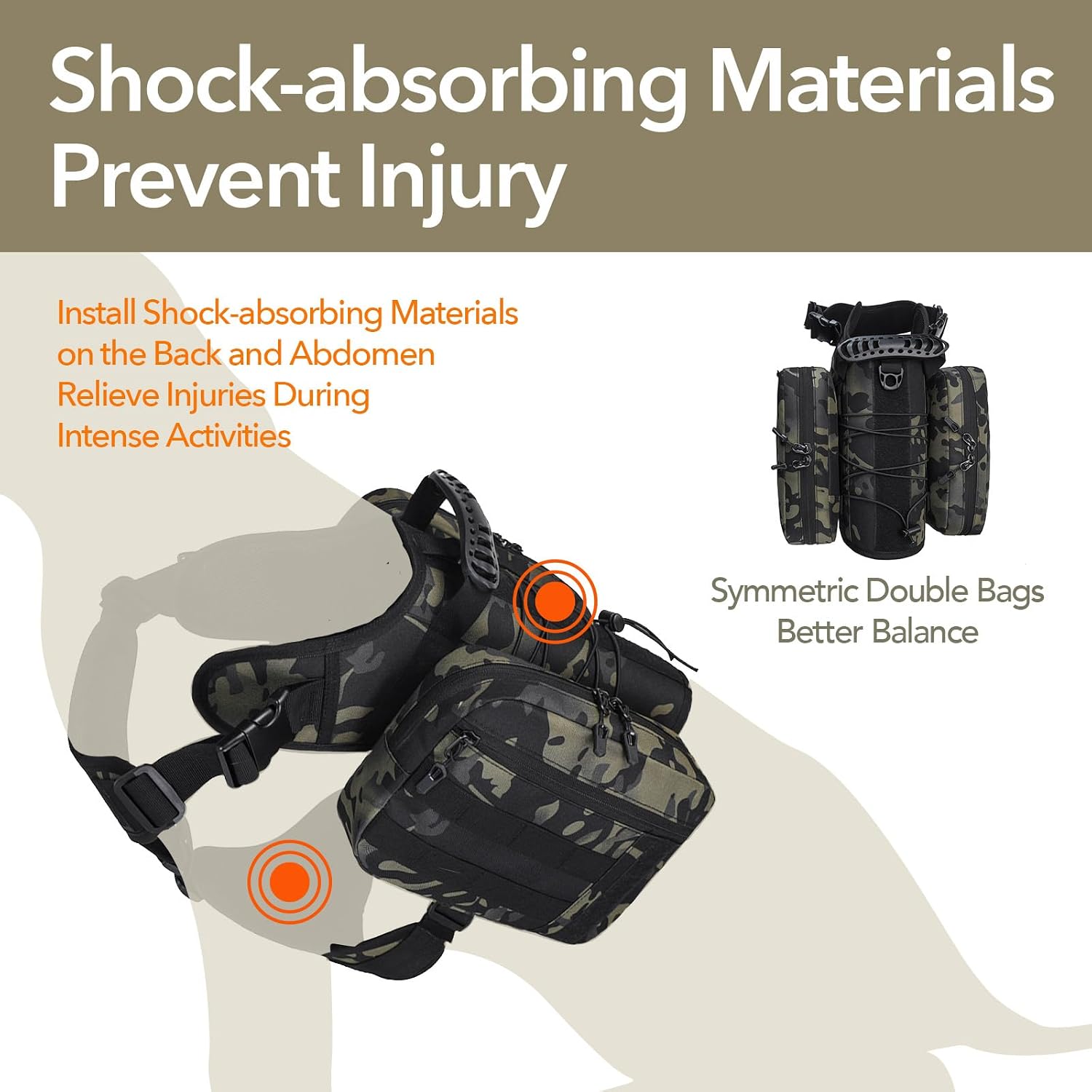Waterproof and stain-resistant 1680D Oxford fabric detailing on the camouflage dog backpack