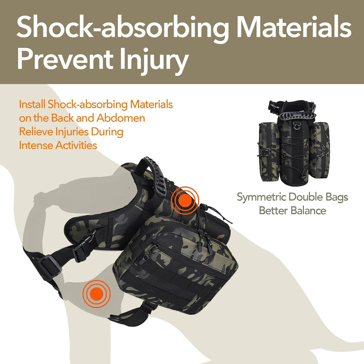 Waterproof and stain-resistant 1680D Oxford fabric detailing on the camouflage dog backpack