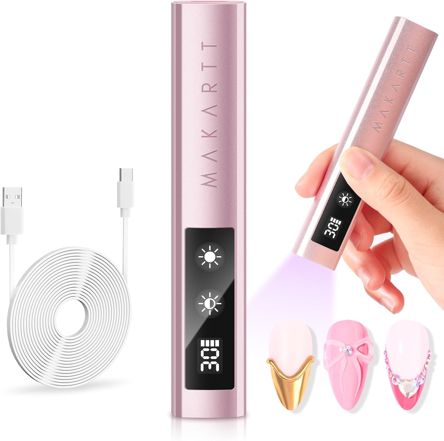 Makartt handheld UV nail lamp front view showcasing digital LCD timer screen
