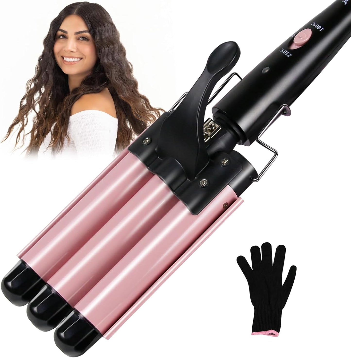 Janelove 3 Barrel Curling Iron Wand front view showing pink ceramic tourmaline barrels