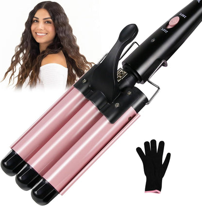 Janelove 3 Barrel Curling Iron Wand front view showing pink ceramic tourmaline barrels