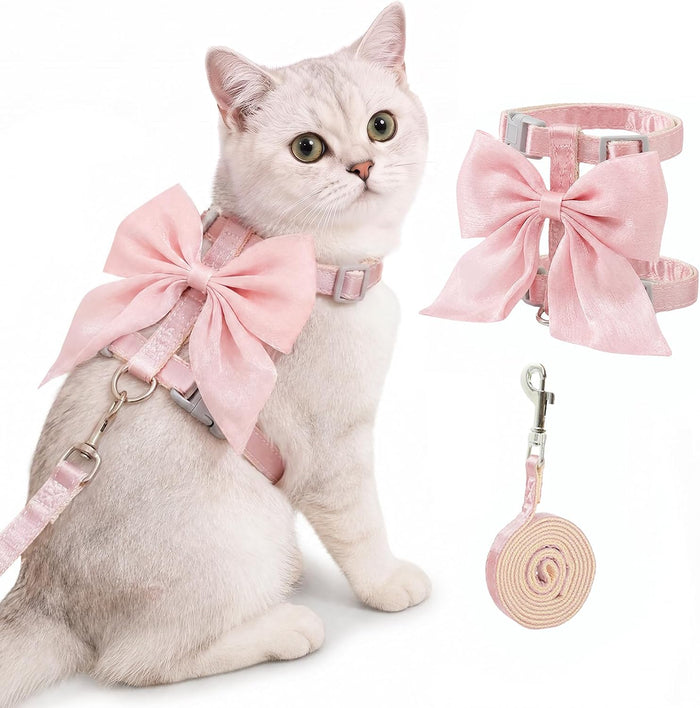 Tensho Pink Bow Cat Harness and Leash Set, Escape Proof, S - Image 1