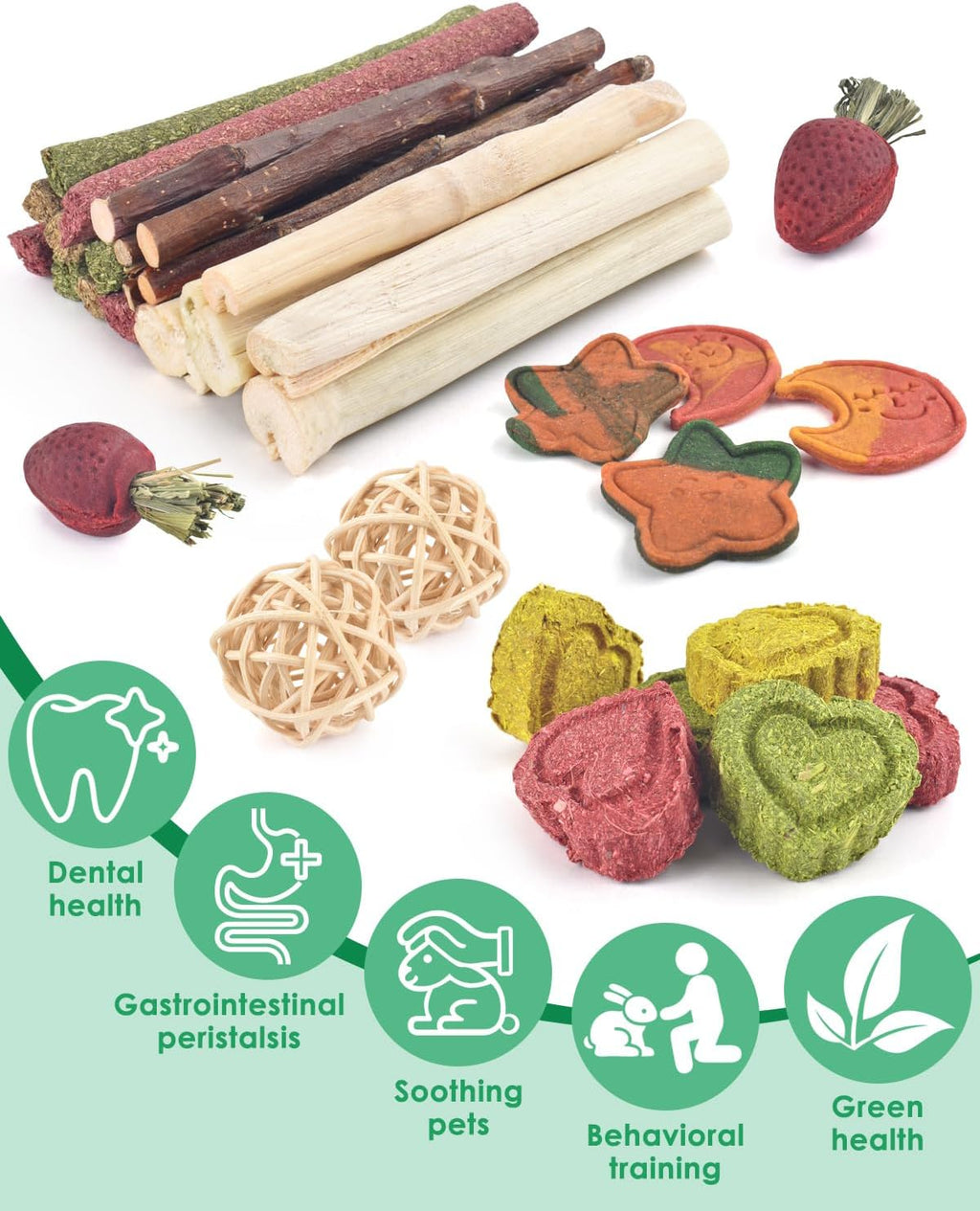 ERKOON natural rabbit toys featuring double-baked Timothy grass treats for guinea pig dental care.