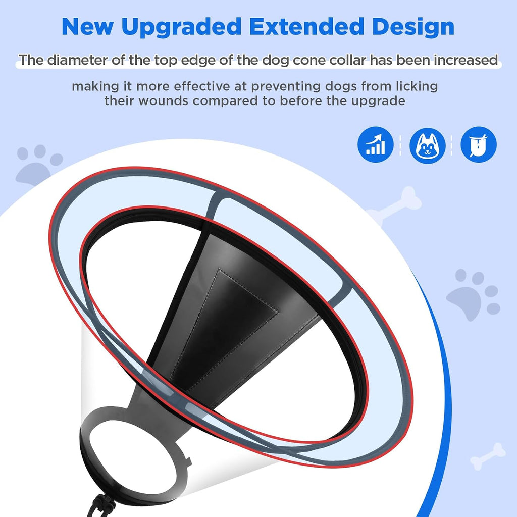 Bonthee extra long dog recovery cone with soft rounded edges preventing chafing.