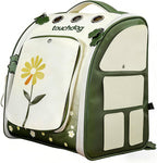 Touchdog waterproof pet backpack carrier front view showcasing the prominent yellow flower design and green accent panels.