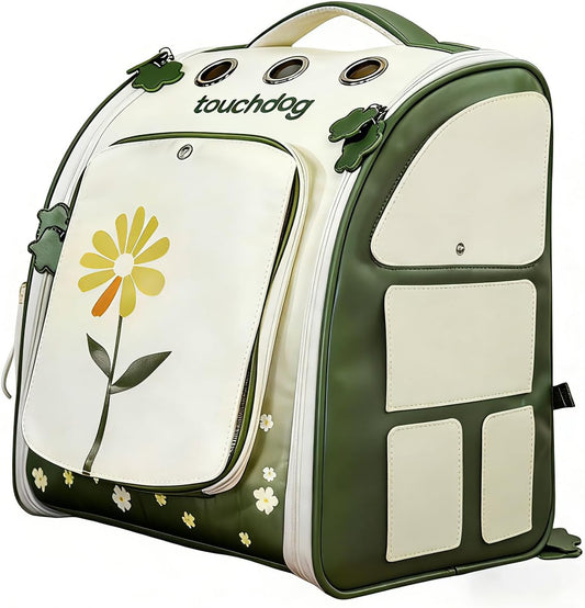 Touchdog waterproof pet backpack carrier front view showcasing the prominent yellow flower design and green accent panels.